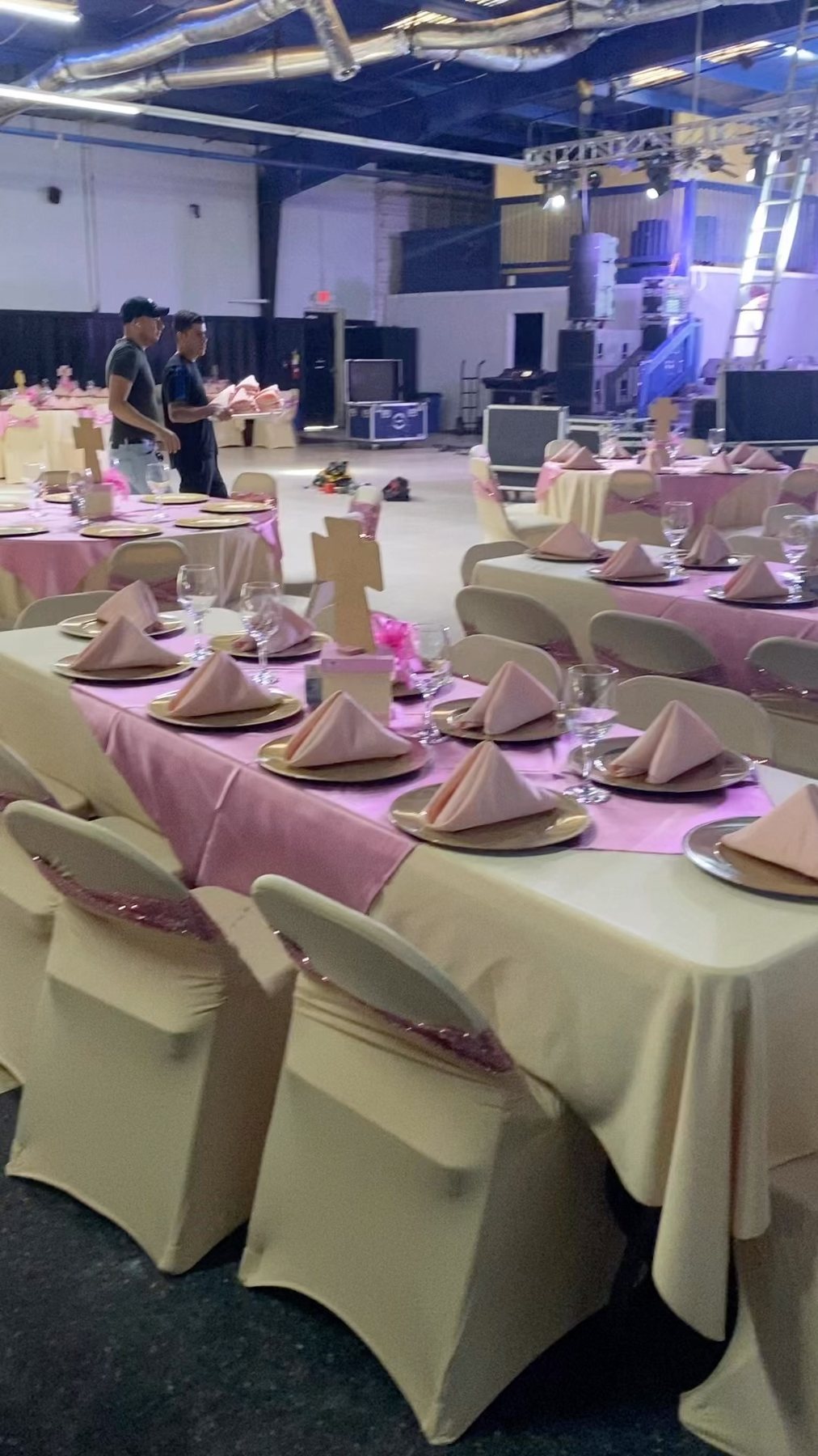 Pink banquet tables inside the event hall