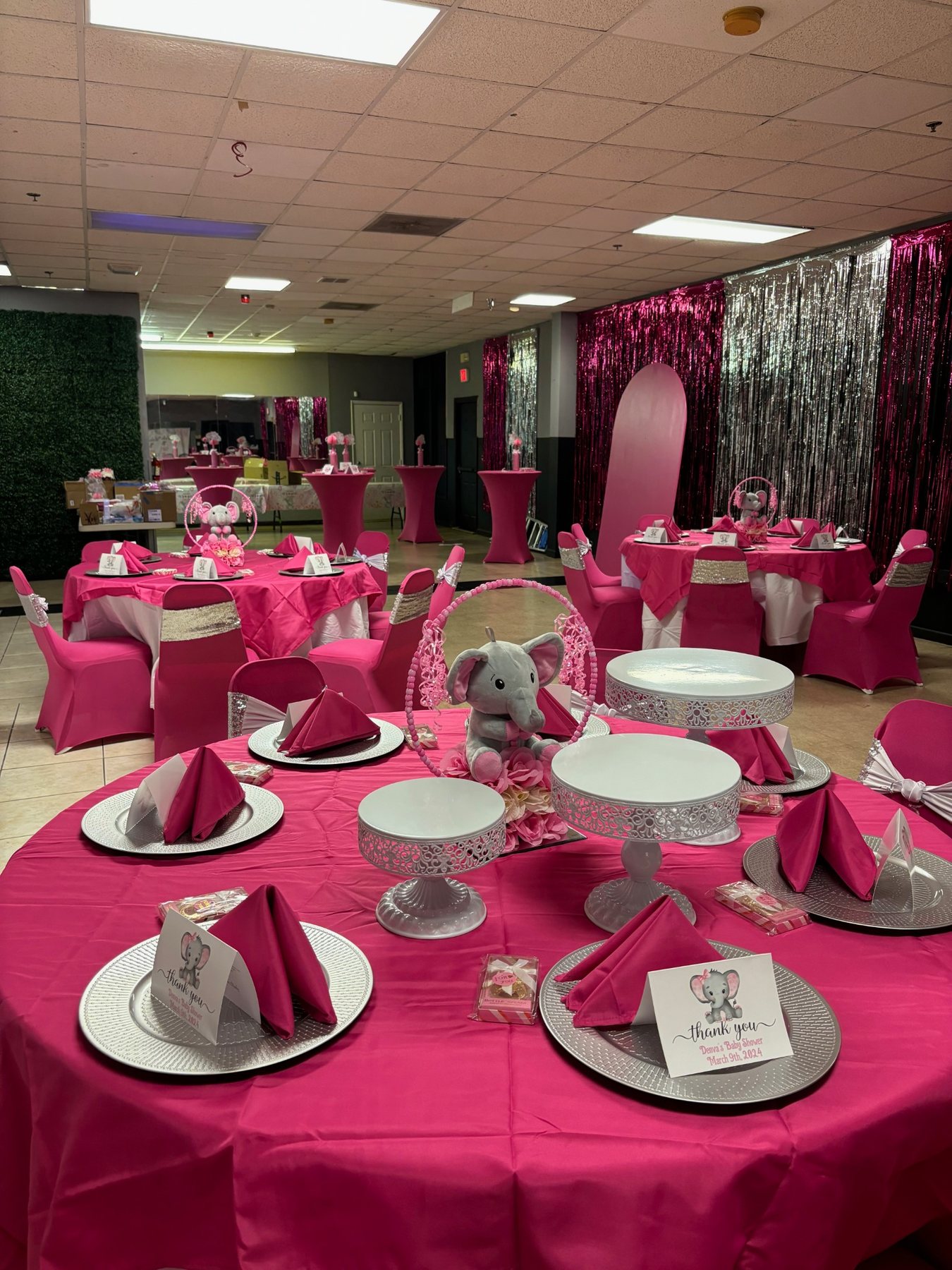 Pink decorated event setup in the smaller hall